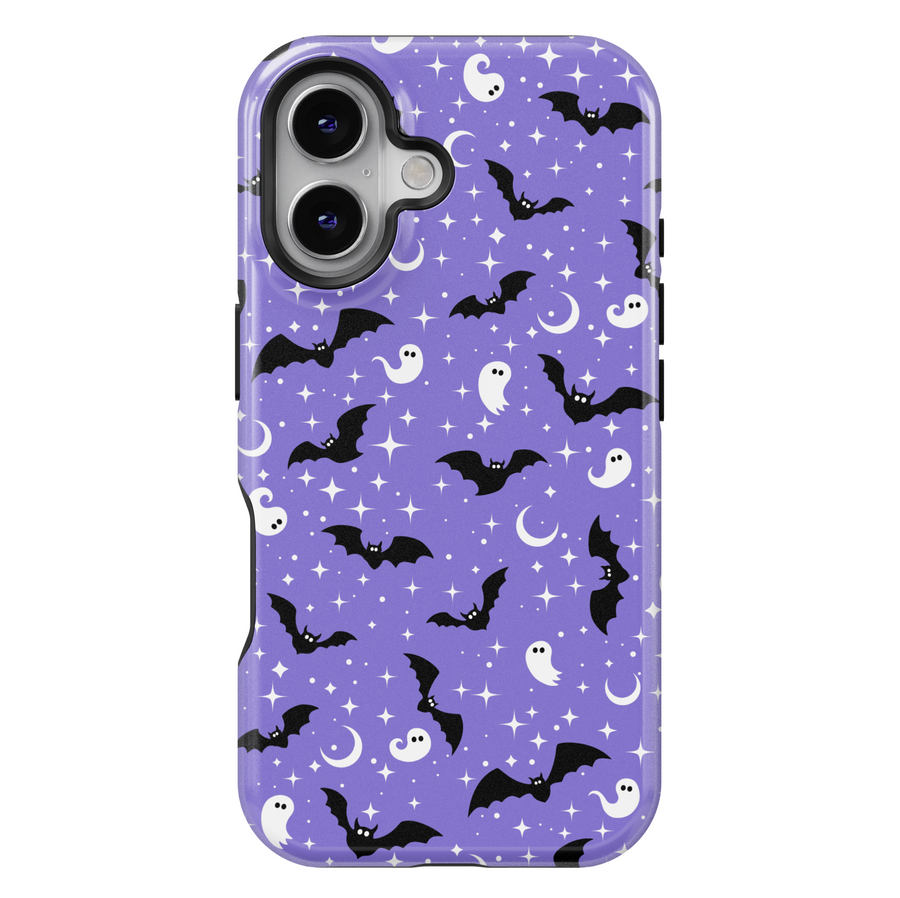 Purple tough phone case with cute white ghosts, black bats, moons, and stars – Halloween aesthetic protective iPhone and Samsung cover.