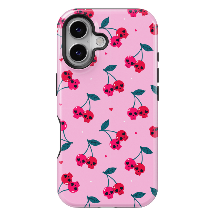 Pink iPhone Case with Cherry Skull Pattern – MagSafe iPhone 16 Pro Max Case for Women