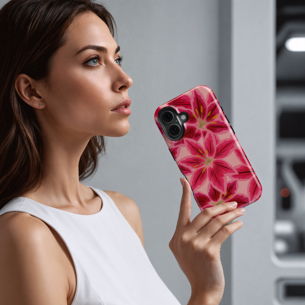 Red lily floral iPhone case for iPhone 15, 14, 13, 12, 11 – Tough protective cover with bold pink flower design