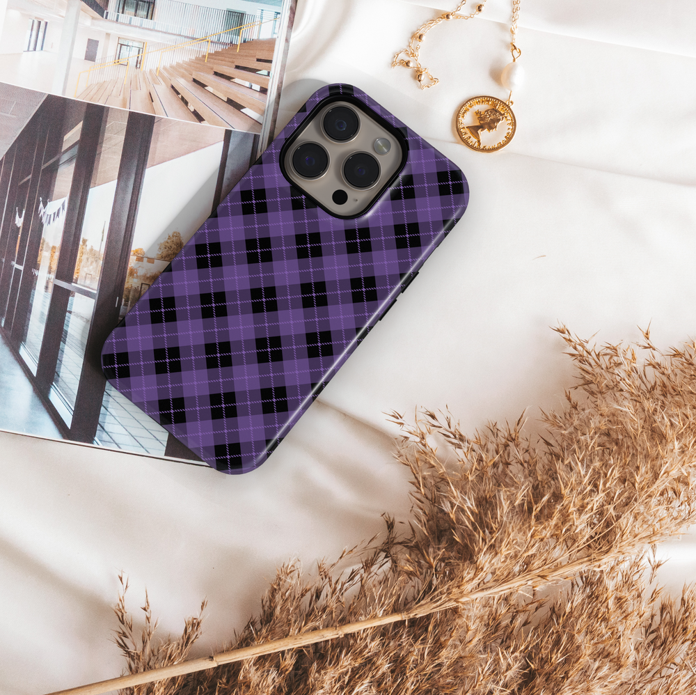 Purple and Black Plaid iPhone Case with Monogram – MagSafe iPhone 16 Pro Max Case for Women
