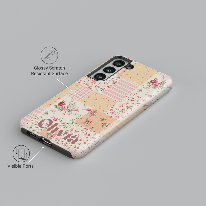 Vintage floral patchwork Samsung Galaxy phone case with personalized name. Chic and aesthetic protective cover for Galaxy S25 Ultra, S24 FE, S23, and more.