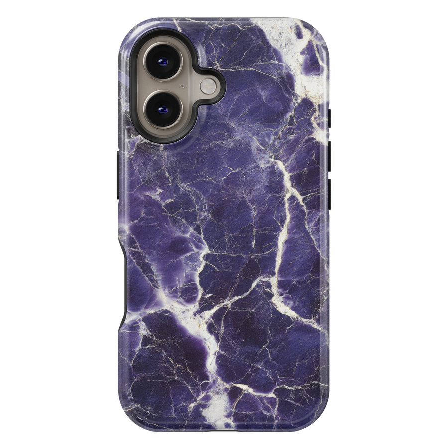 Dark purple marble iPhone 16 case with white cracked vein texture – premium gemstone-inspired design for iPhone models with MagSafe.