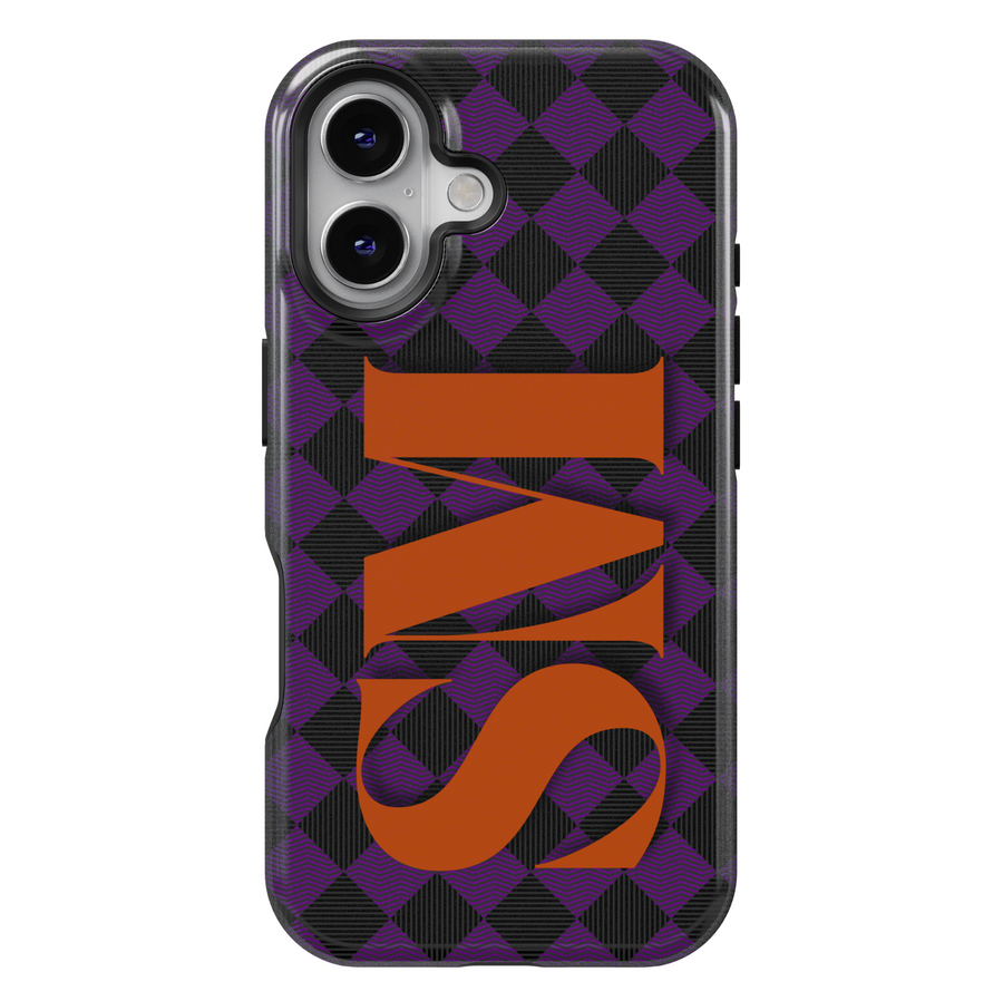 Halloween Purple Plaid iPhone Case with Large Orange Monogram – MagSafe iPhone 16 Pro Max Case for Women