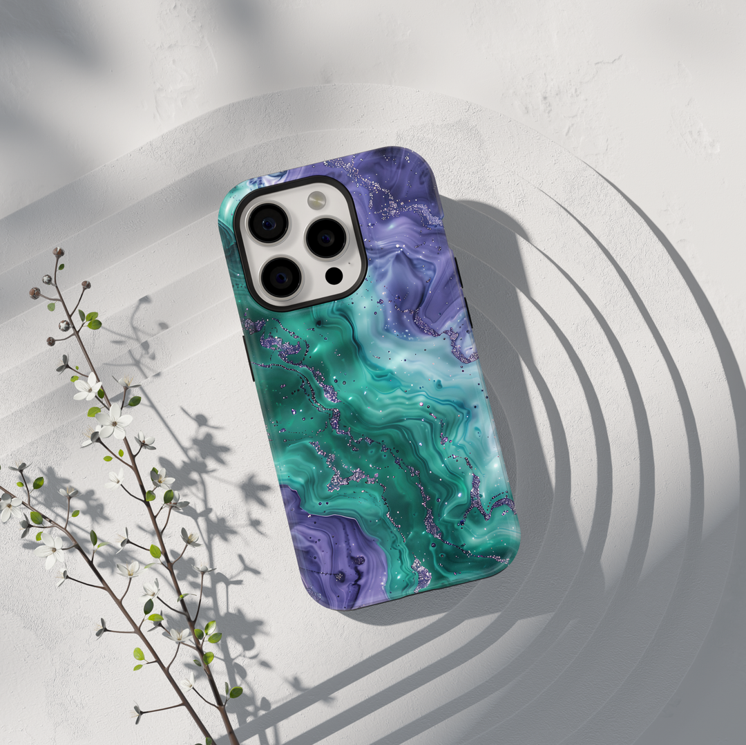 Emerald green marble phone case with purple accents and subtle shimmer texture