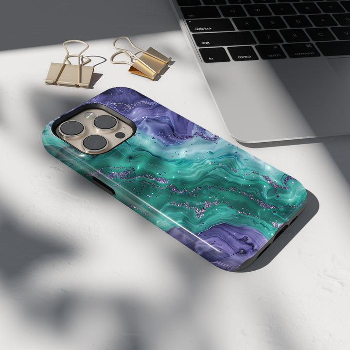 Emerald green marble phone case with purple accents and subtle shimmer texture
