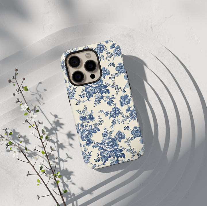 Blue vintage floral toile iPhone 17 case with elegant botanical flower pattern aesthetic protective tough case for iPhone 17 Pro Max, iPhone 17 Pro, iPhone 16 Pro Max, iPhone 16 Plus stylish floral phone cover