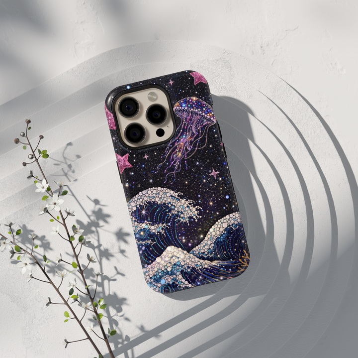 Galaxy wave phone case with glitter ocean design, pink stars and sparkling cosmic aesthetic tough case for iPhone and Samsung Galaxy