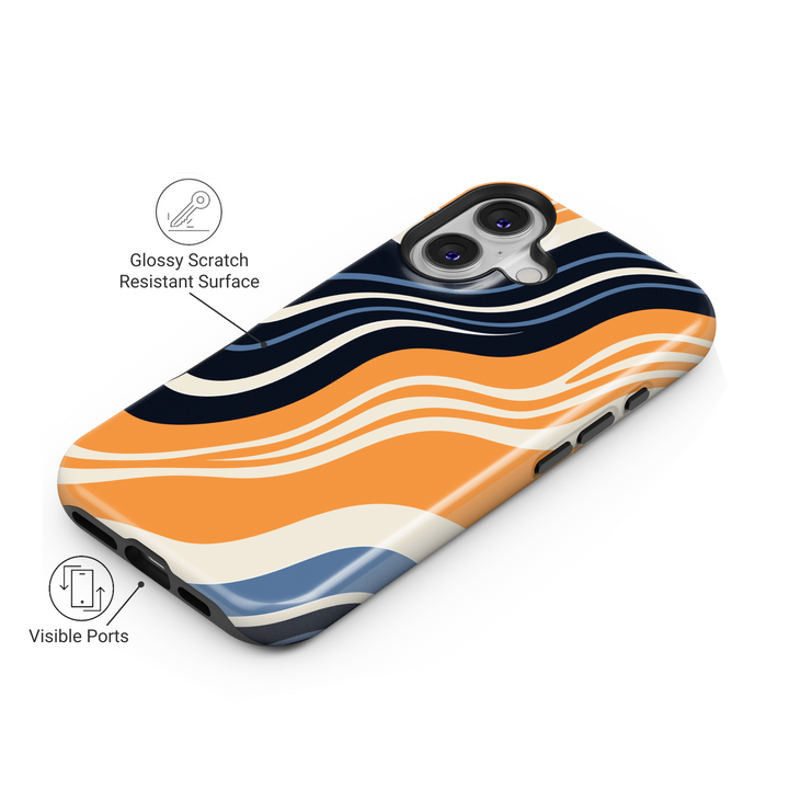 Retro orange and navy wavy striped iPhone 16 MagSafe case with vintage curves – glossy protective case for women