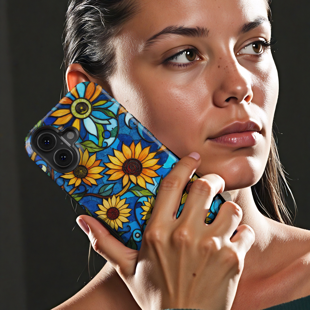 Stained glass sunflower iPhone tough case with bright yellow flowers and swirling blue background