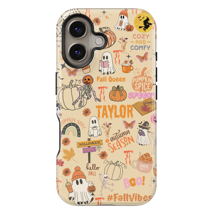Cute Halloween iPhone case with personalized name Taylor, fall icons, ghosts, pumpkins, skeletons, spider webs, pumpkin spice, and cozy autumn sayings.