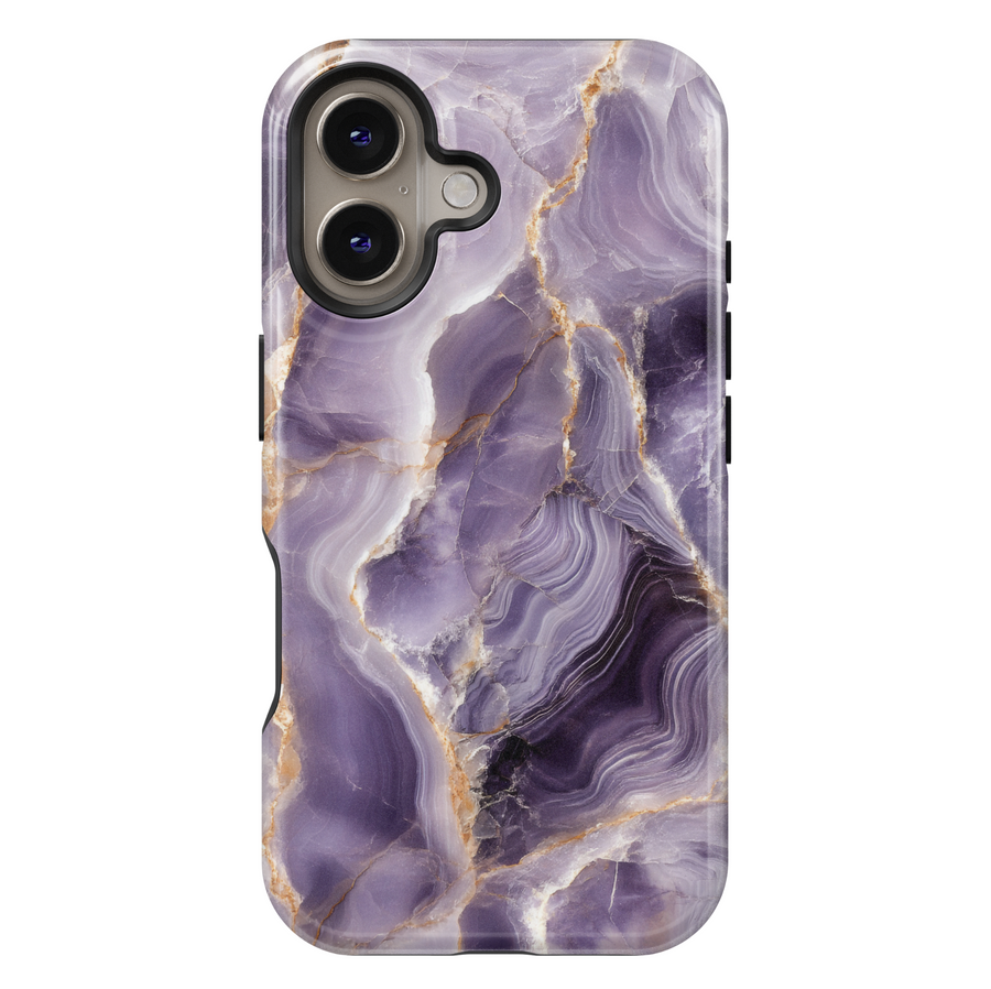 Purple marble iPhone 16 MagSafe case with white and gold veining – luxurious gemstone-inspired phone cover for iPhone models.