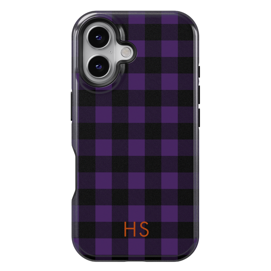 Purple Buffalo Plaid iPhone Case with Orange Monogram – MagSafe iPhone 16 Pro Max Case for Women and Girls