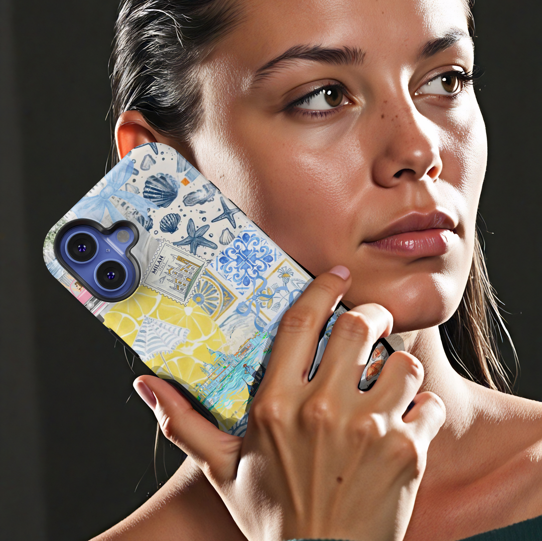 Italian Aesthetic iPhone Case with Amalfi Coast Elements, Blue Bows, Lemons, Shells, Gondola, and Milan Stamp – Summer Travel Phone Cover