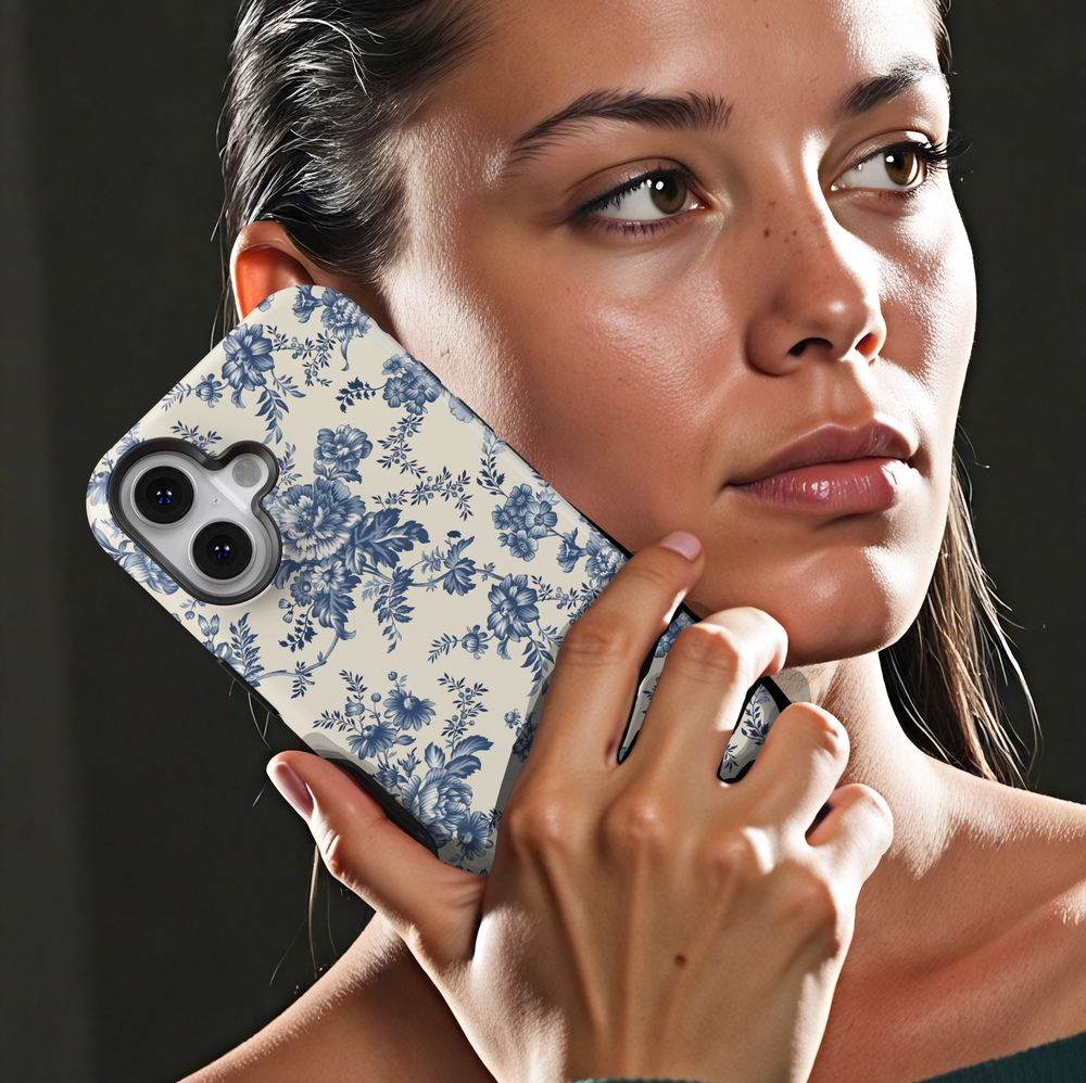 Blue vintage floral toile iPhone 17 case with elegant botanical flower pattern aesthetic protective tough case for iPhone 17 Pro Max, iPhone 17 Pro, iPhone 16 Pro Max, iPhone 16 Plus stylish floral phone cover