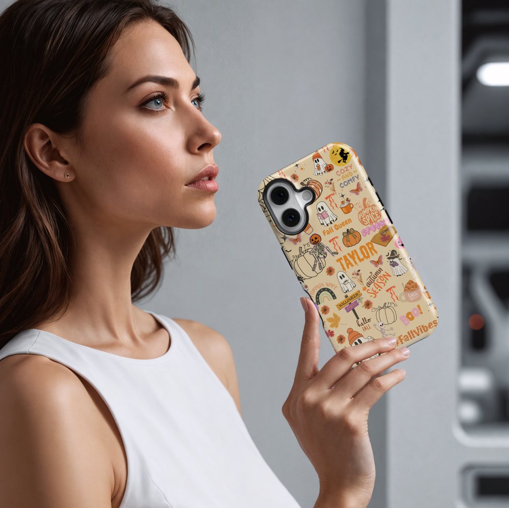 Cute Halloween iPhone case with personalized name Taylor, fall icons, ghosts, pumpkins, skeletons, spider webs, pumpkin spice, and cozy autumn sayings.