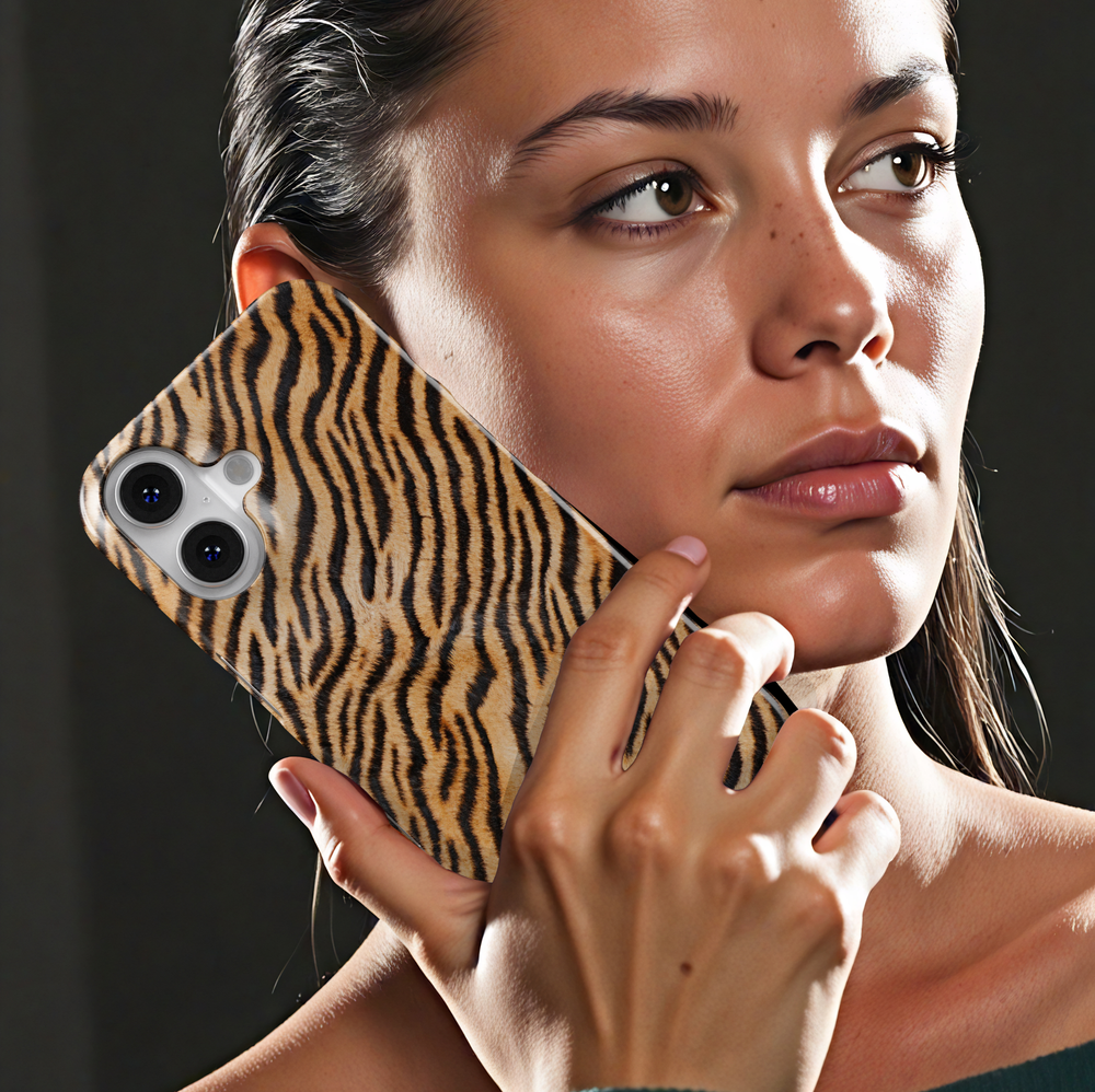 Tiger stripe phone case with orange and black fur pattern, realistic animal print protective cover for iPhone and Samsung