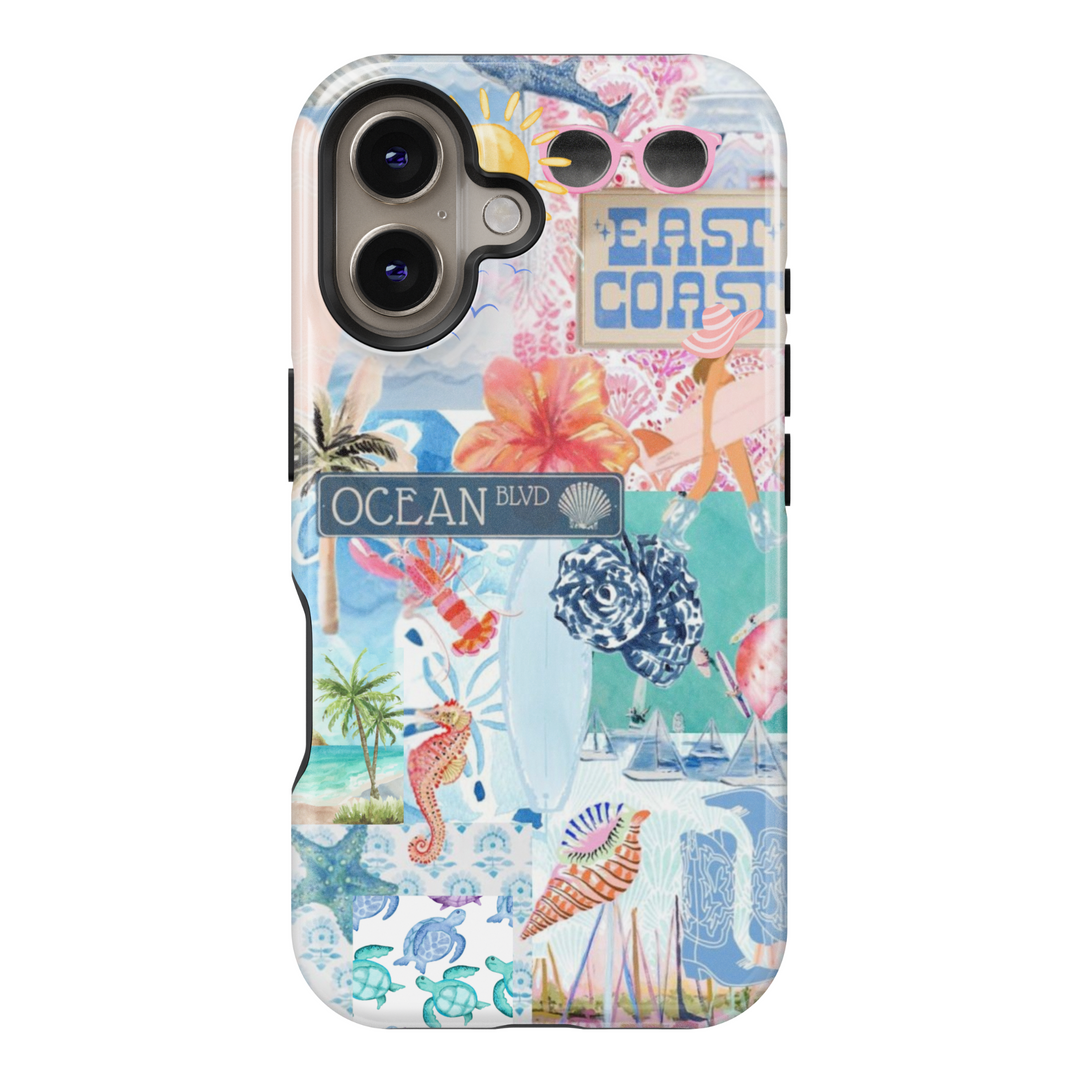 East Coast Beach Collage iPhone Case with Seashells, Palm Trees, and Ocean Blvd Sign – Aesthetic Summer Protective Phone Cover