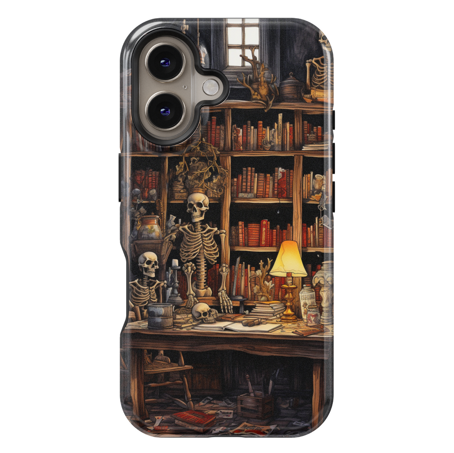 Skeleton iPhone case with a haunted library scene featuring skeletons, books, vintage desk, eerie lighting, skulls, and spooky Halloween elements.