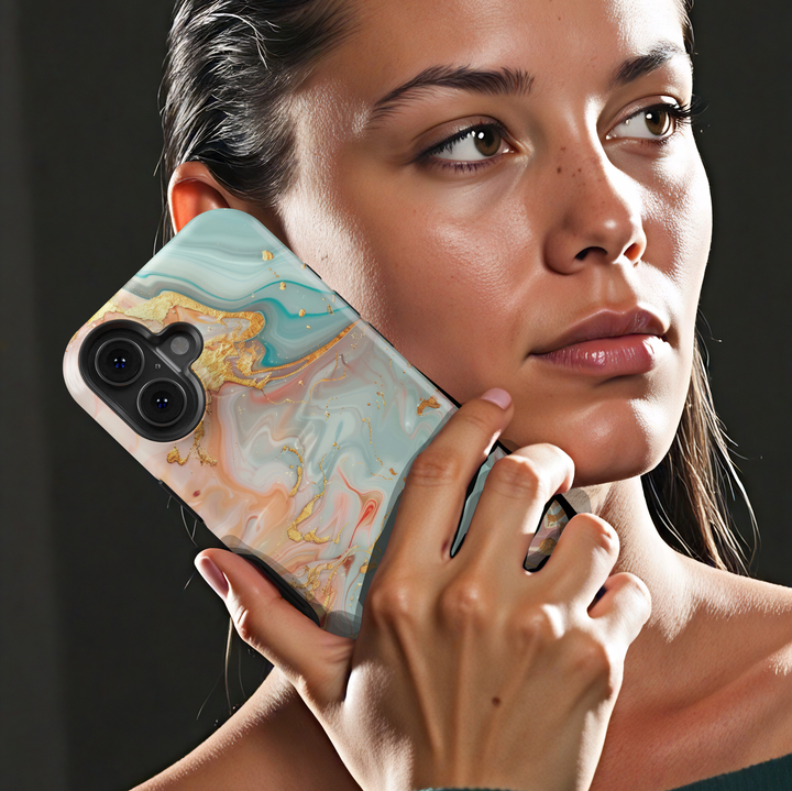 Pastel marble phone case with peach mint and gold abstract swirl design