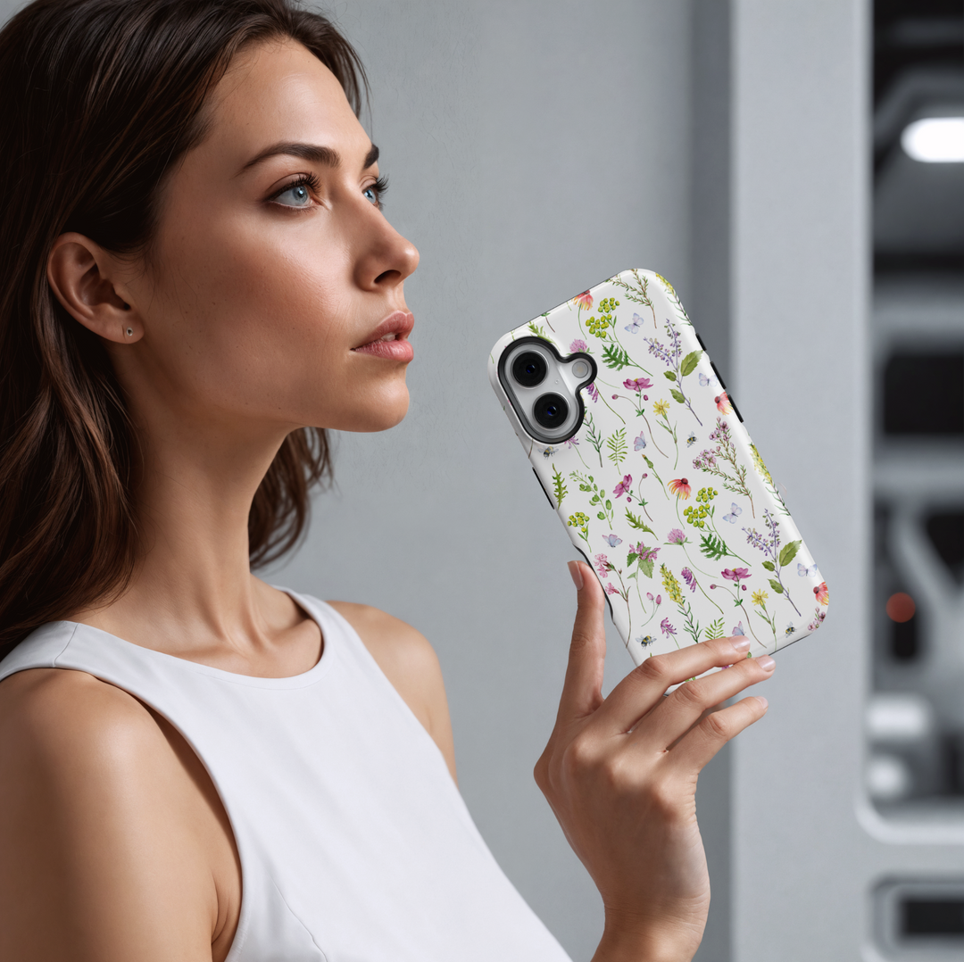Botanical floral iPhone case – Minimalist wildflower and butterfly phone cover – Aesthetic soft nature design for iPhone 15 14 13 12 SE