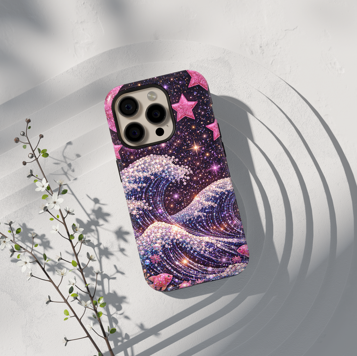 Sparkling galaxy ocean wave phone case with pink star accents and glam glitter aesthetic cover for iPhone 16 Pro Max and Samsung Galaxy S25 Ultra