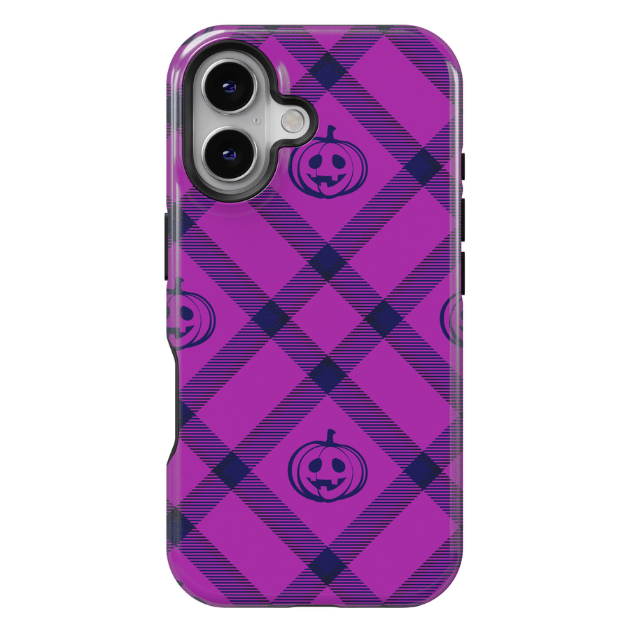Purple Plaid Halloween iPhone Case with Pumpkins – MagSafe iPhone 16 Pro Max Case for Girls and Women