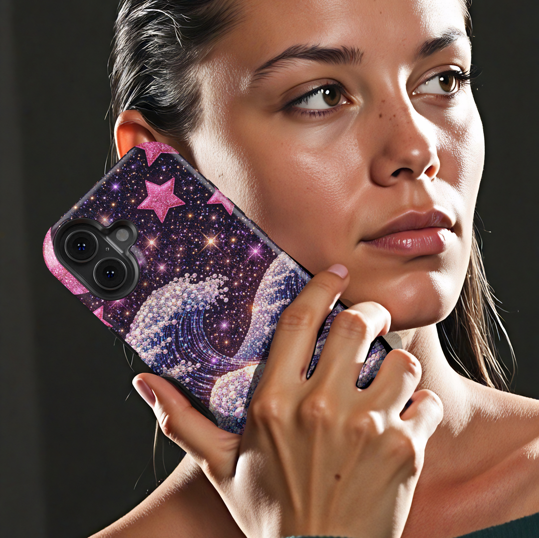 Sparkling galaxy ocean wave phone case with pink star accents and glam glitter aesthetic cover for iPhone 16 Pro Max and Samsung Galaxy S25 Ultra