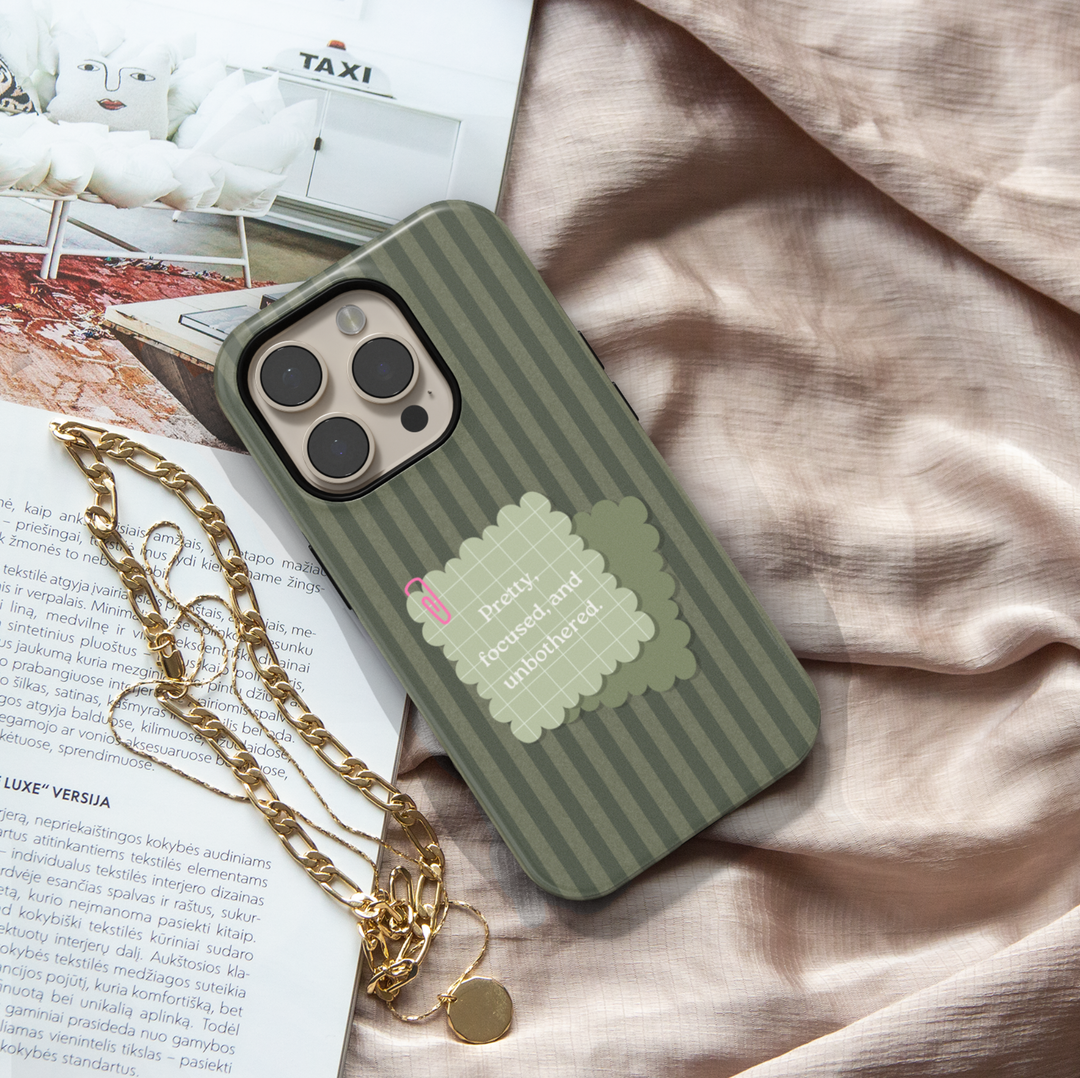 Olive green striped phone case with pretty focused and unbothered quote on a Samsung Galaxy protective phone case