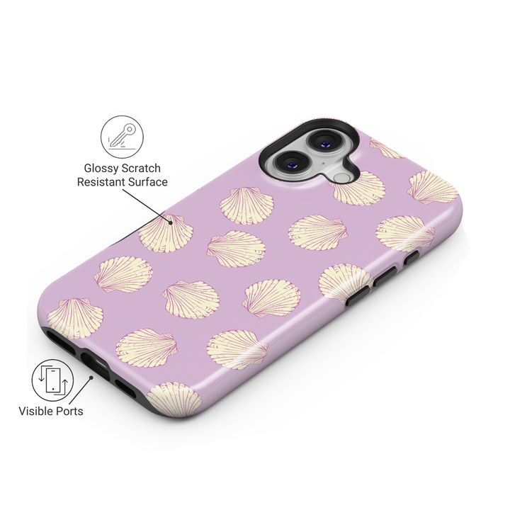 iPhone 16 MagSafe phone case with pastel seashell pattern on lavender background – aesthetic beach-themed case for women

