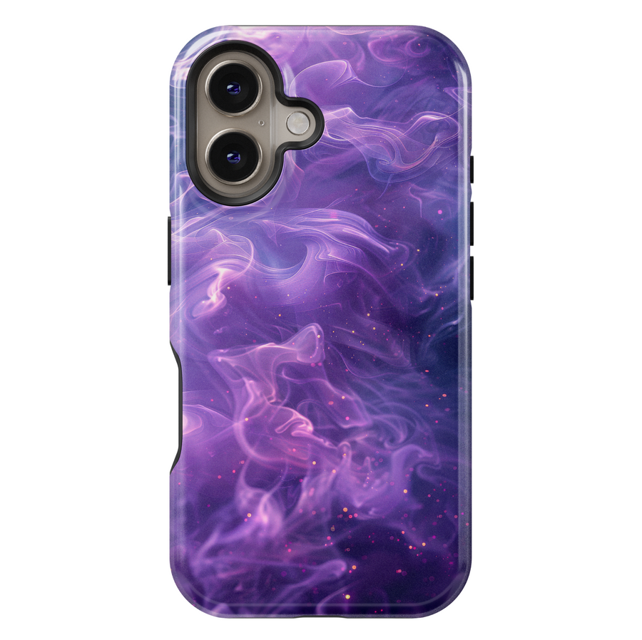 Purple and pink smoke swirl phone case with galaxy sparkles – dreamy aesthetic design compatible with iPhone 16, iPhone 15 Pro Max, Galaxy S24 Ultra, and MagSafe accessories.