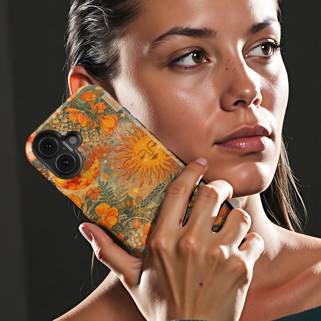 Boho sun and moon phone case with orange florals, butterfly and koi fish aesthetic tough case for iPhone and Samsung Galaxy