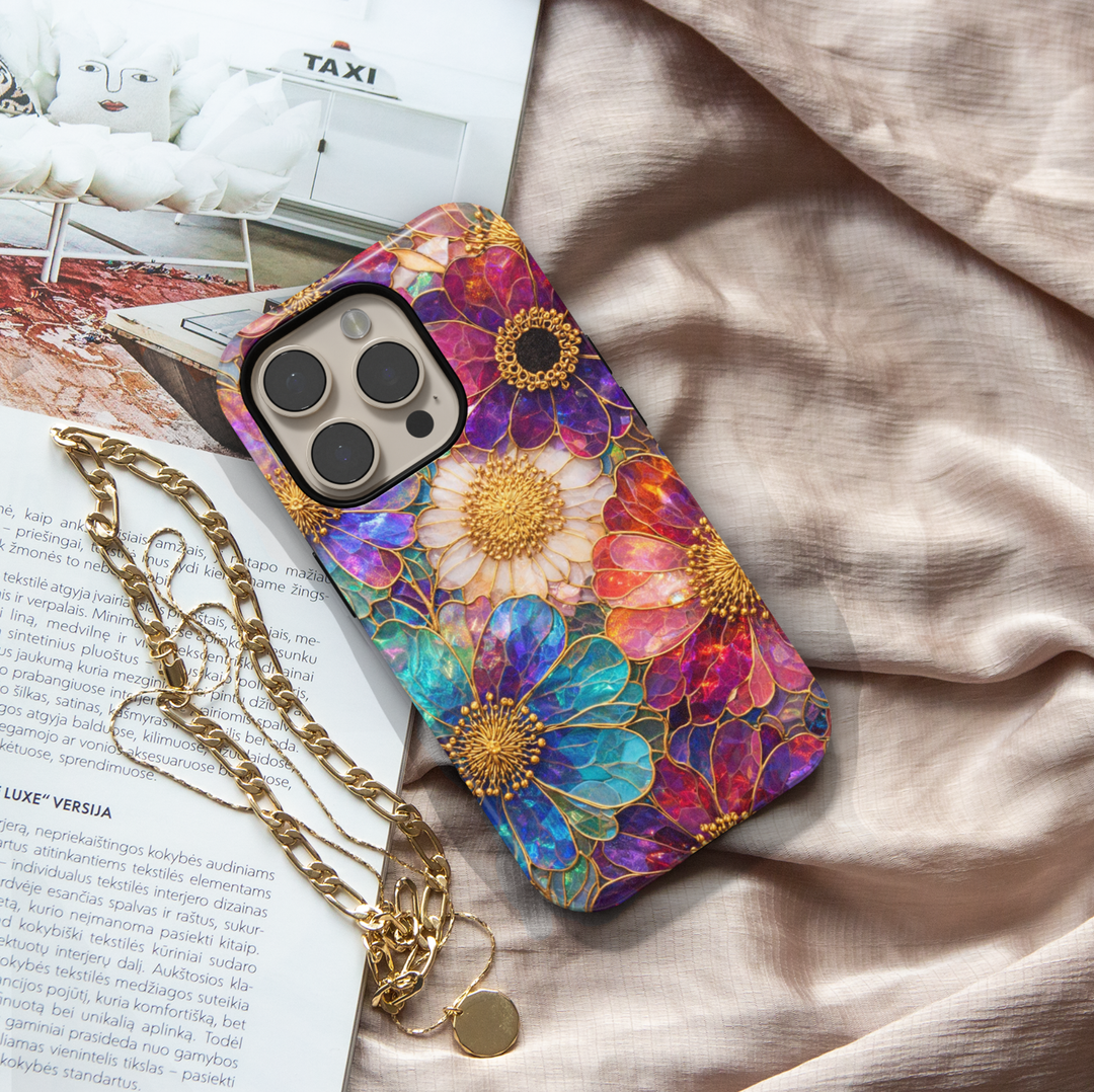 Luxury stained glass floral phone case with colorful petals on Samsung Galaxy