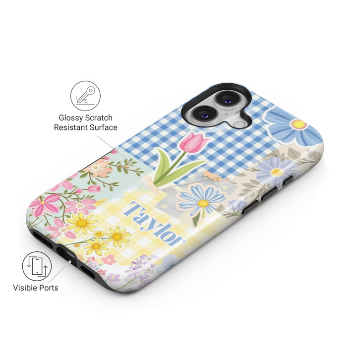 Personalized floral patchwork iPhone case with a vintage cottagecore aesthetic. Features a mix of gingham and floral patterns for a charming touch.