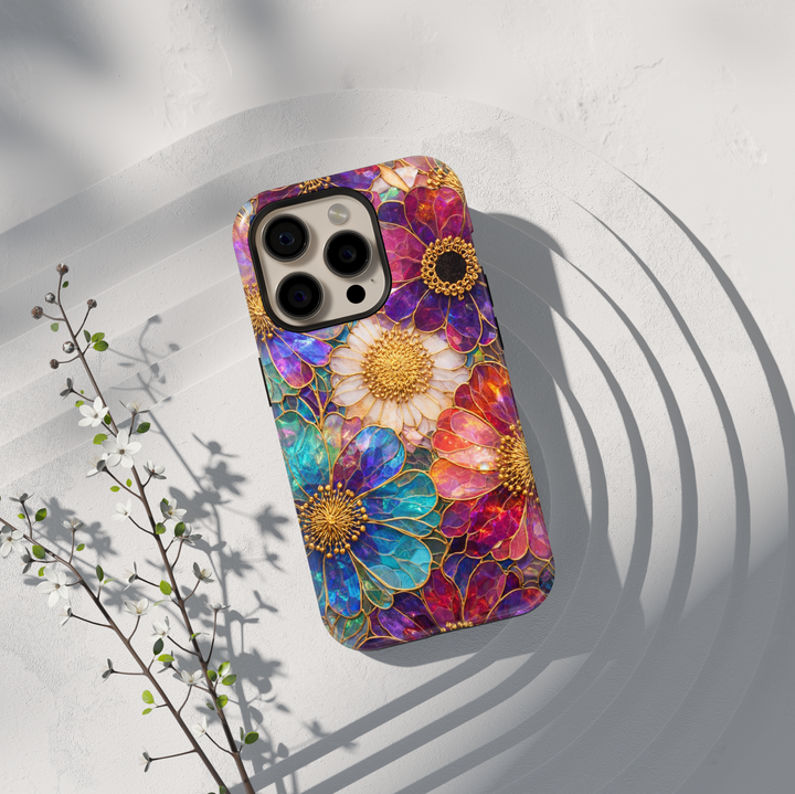 Luxury stained glass floral phone case with colorful petals on Samsung Galaxy