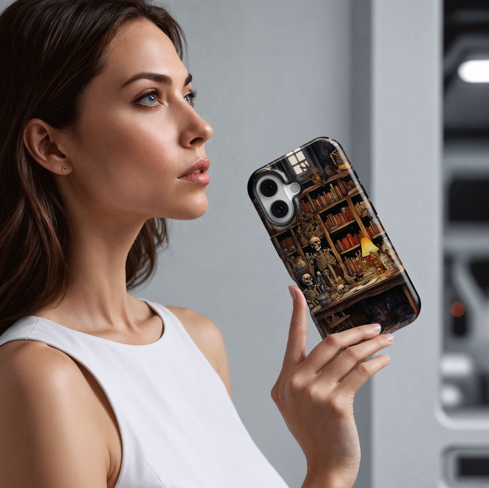 Skeleton iPhone case with a haunted library scene featuring skeletons, books, vintage desk, eerie lighting, skulls, and spooky Halloween elements.