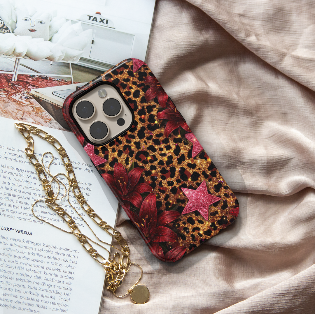 Red floral leopard print phone case with gold glitter pattern and pink star accents, protective tough case for iPhone and Samsung Galaxy