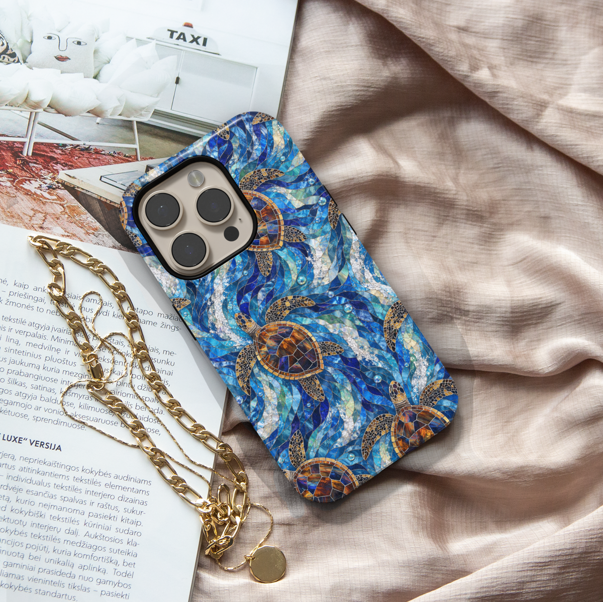 Sea turtle iPhone case featuring swimming turtles, blue ocean waves, stained glass inspired artwork, and vibrant coastal colors.