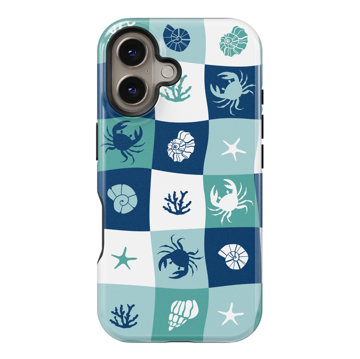 Ocean-Themed Checkerboard iPhone Case with Crabs, Shells, and Coral Icons – Coastal Summer Aesthetic Protective Cover for iPhone Models