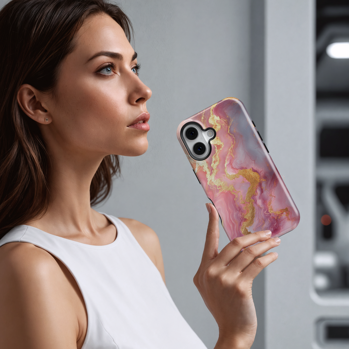 Blush pink marble iPhone 16 MagSafe case with gold shimmer veins – elegant, feminine, and protective phone cover for a chic look.