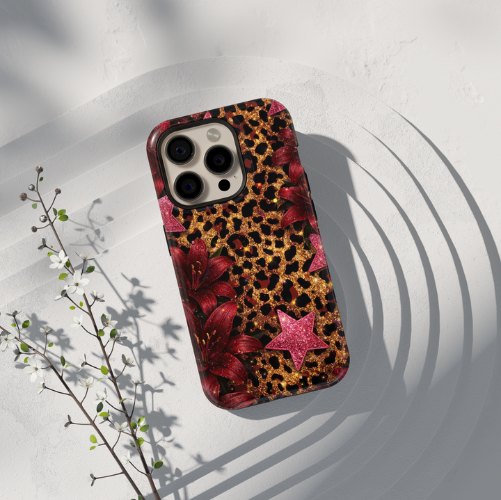 Red floral leopard print phone case with gold glitter pattern and pink star accents, protective tough case for iPhone and Samsung Galaxy