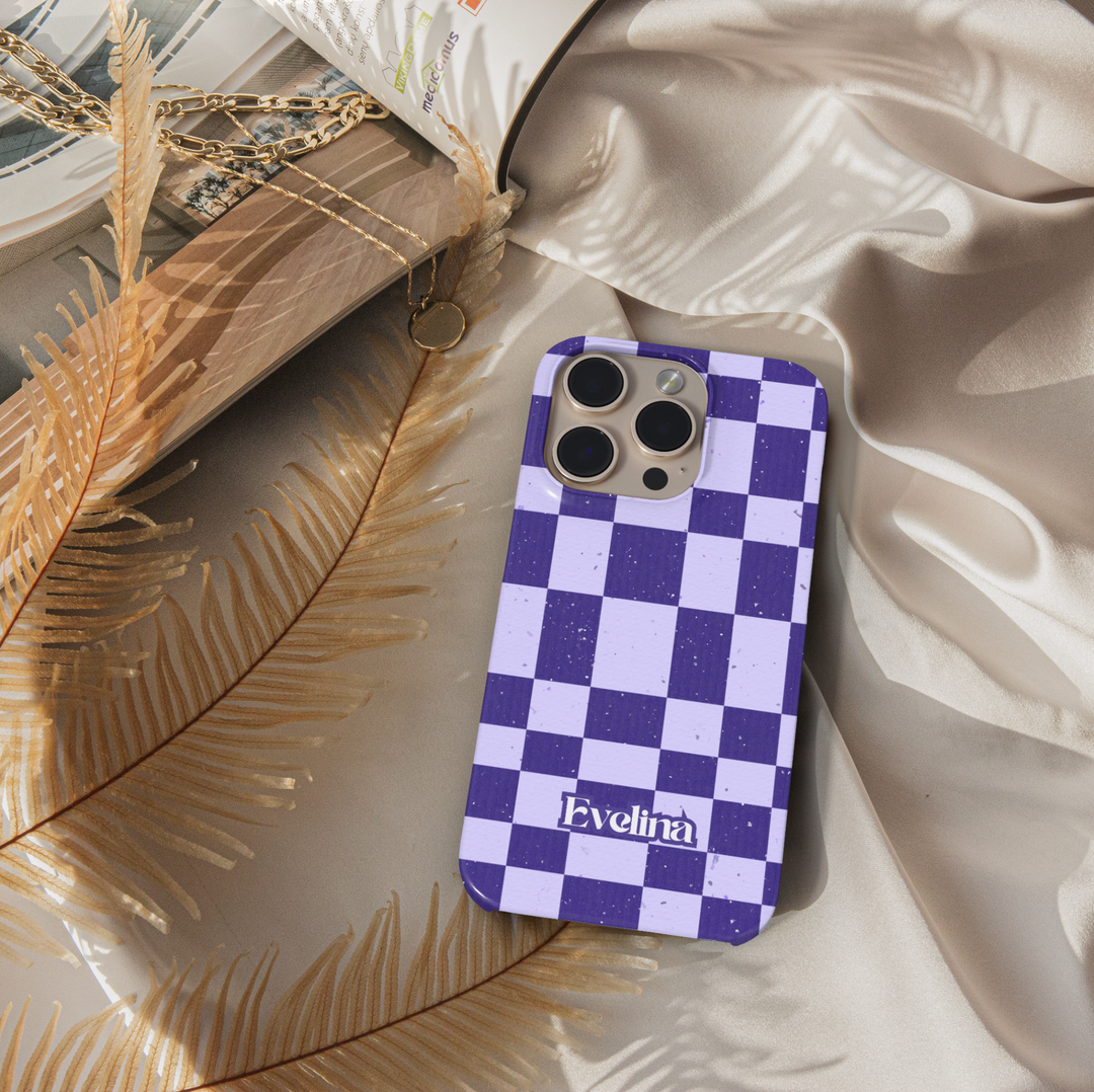 Lavender and purple checkerboard iPhone case, retro aesthetic checkered phone cover, trendy lilac grid protective case for iPhone 15, iPhone 14, iPhone 13 Pro Max.