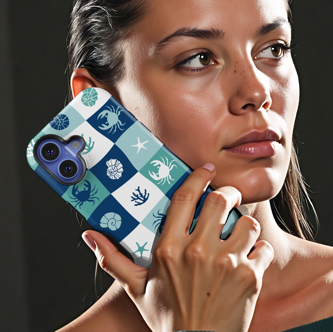 Ocean-Themed Checkerboard iPhone Case with Crabs, Shells, and Coral Icons – Coastal Summer Aesthetic Protective Cover for iPhone Models