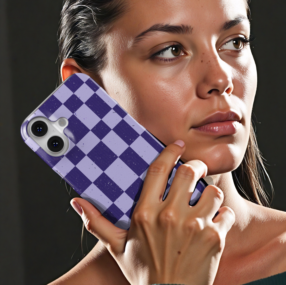 Lavender and purple checkerboard iPhone case, retro aesthetic checkered phone cover, trendy lilac grid protective case for iPhone 15, iPhone 14, iPhone 13 Pro Max.