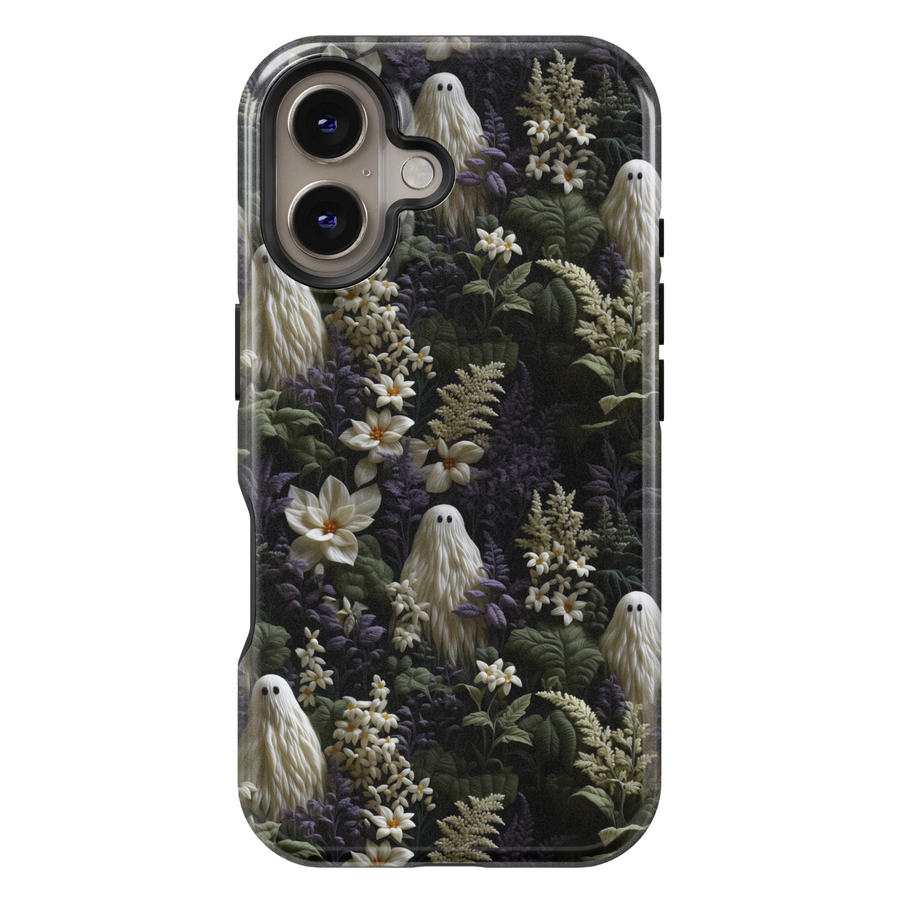 Skeleton and floral iPhone case with beige skulls and cream roses hidden in purple botanical foliage, perfect for gothic Halloween or spooky aesthetic lovers.