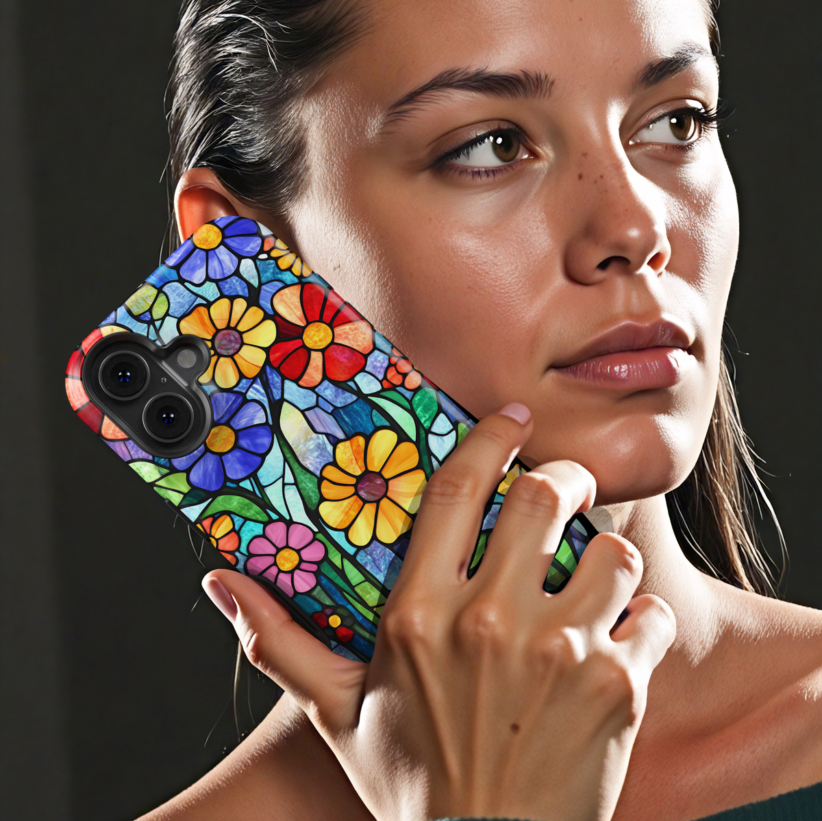 Colorful stained glass floral iPhone tough case with layered flowers and deep blue mosaic background