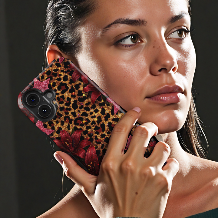 Red floral leopard print phone case with gold glitter pattern and pink star accents, protective tough case for iPhone and Samsung Galaxy