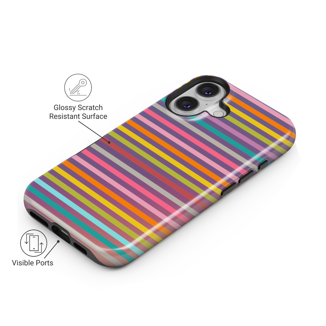 iPhone 16 colorful striped case for women – aesthetic MagSafe phone cover with rainbow pastel lines and glossy finish