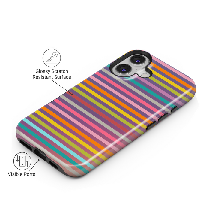 iPhone 16 colorful striped case for women – aesthetic MagSafe phone cover with rainbow pastel lines and glossy finish