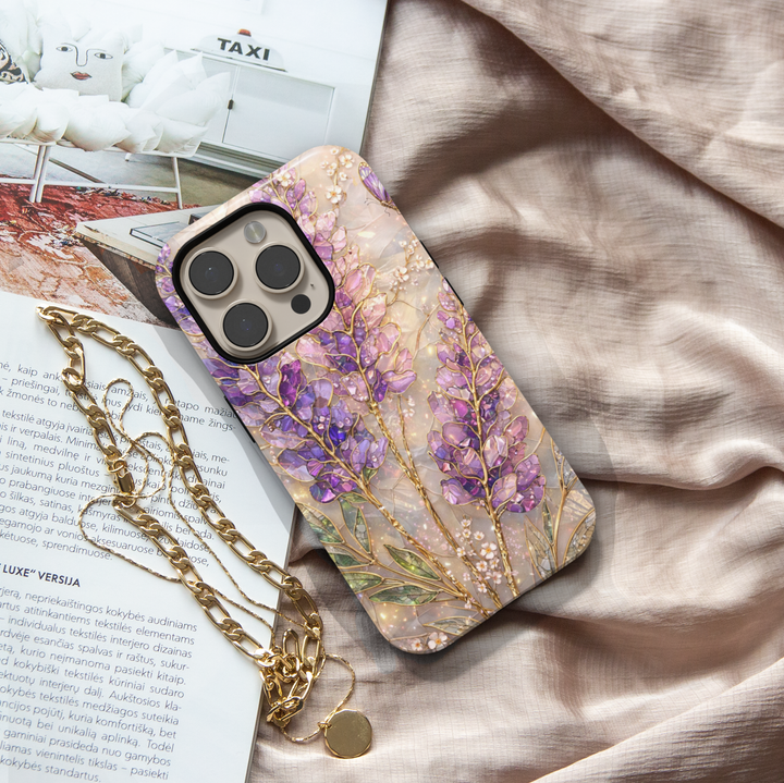 Luxury purple floral phone case featuring gold botanical detailing and violet blossoms aesthetic protective tough case for iPhone and Samsung Galaxy