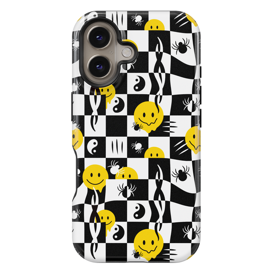 Checkered Halloween iPhone Case with Smiley Faces and Spiders – MagSafe iPhone 16 Pro Max Case for Girls